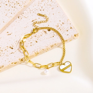 Gold stainless steel baroque pearl bracelet with heart shell pendant and I Love You engraving