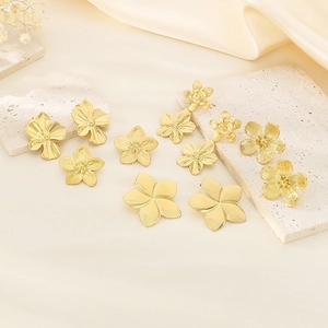 French retro 18K gold plated stainless steel floral earrings with pearls and petal texture