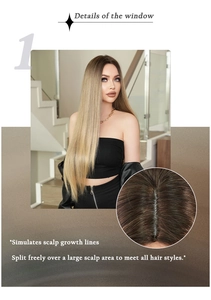 Detail view of long blonde wig showing realistic simulated scalp and seamless hair parting