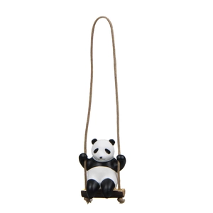 Detail of creative panda swinging on wood branch ornament with woven hanging rope