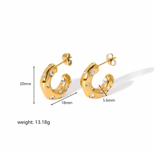 18K gold plated chunky C-shaped hoop earrings with inlaid cubic zirconia crystals
