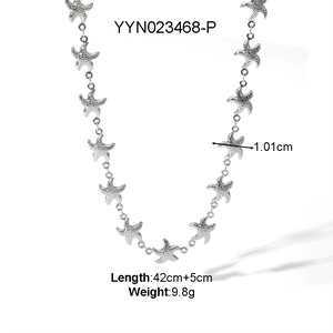 Titanium steel starfish link necklace in silver finish with detailed ocean charm texture