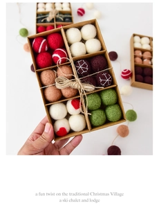 Macro detail of handmade wool felt Christmas ornaments with various patterns in a gift box