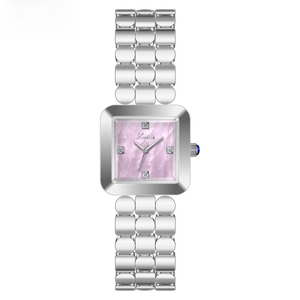 Elegant silver square watch with pink shell dial and unique geometric link bracelet