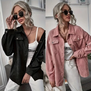 Women Corduroy Shirt Jacket Lapel Single Breasted Loose Casual Long Sleeve Top With Pockets Vintage Solid Button Down Outerwear