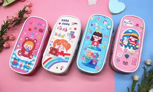 Group display of four waterproof cartoon leather pencil cases in various pastel colors