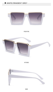 Three-view layout of white square sunglasses with gradient grey lenses and metal bridge