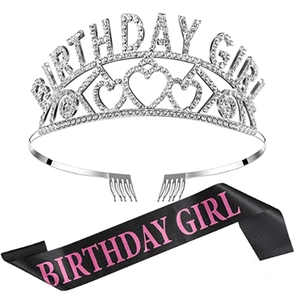Detailed view of silver Birthday Girl rhinestone tiara and black satin glitter sash set