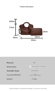 Brown PU handbag set with dimension labels, 23x17x10cm size, and adjustable strap detail