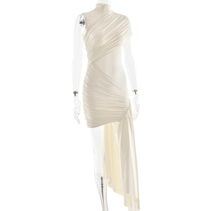 Detail of off-white one-shoulder dress with elegant pleats and asymmetrical ribbons