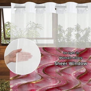 Detail of pink marble sheer curtain with metal grommets and light filtering fabric