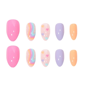 Pastel macaron press-on nails set with heart and rainbow patterns for women