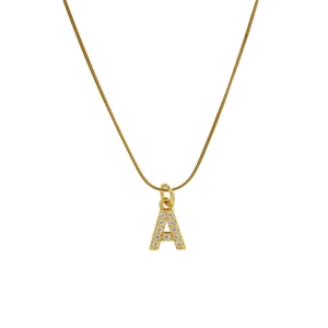 Classic 18k gold plated necklace featuring a cubic zirconia letter A pendant on a snake chain