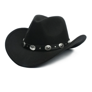 Detailed side view of black western cowboy hat with silver conchos and leather band