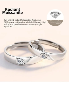 Detailed view of D color 3EX cut moissanite couple rings in silver finish