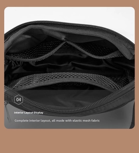 Detail view of the bag's interior featuring elastic mesh pockets and compartments