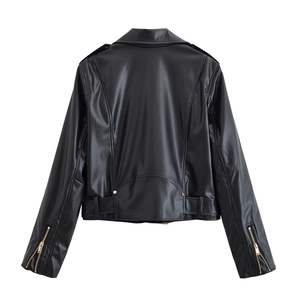 Damen Bikerjacke aus schwarzem PU-Leder mit Metallreißverschlüssen auf der Rückseite