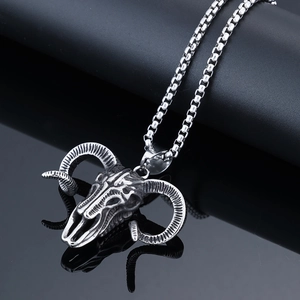 Vintage viking goat skull pendant necklace in silver finish with stainless steel box chain