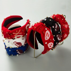 Women Knotted Headband Beaded Rhinestone Rugby Heart Pattern Fabric Hair Band Sporty Fashion Headpiece For Party Super Bowl
