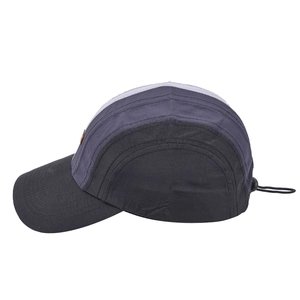 Side view of five-panel outdoor camper hat with contrast panels and adjustable toggle