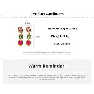 Detailed view of triple oval colorful zircon earrings in gold finish showing 3cm length