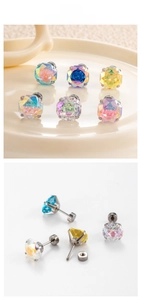 Detailed view of octagon cut colorful zircon stud earrings with screw-back design