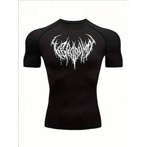 Men's black compression short sleeve sports t-shirt with gothic graphic print on front