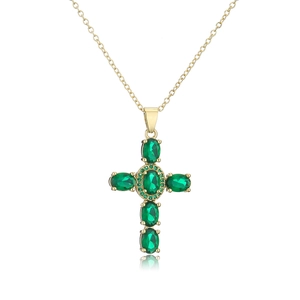 Gold-plated 18K cross necklace with green zircon stones on a white background