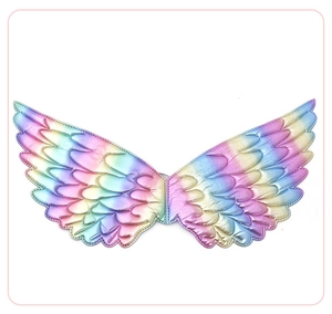 Detail of colorful rainbow wings for girls with glossy finish and feather pattern