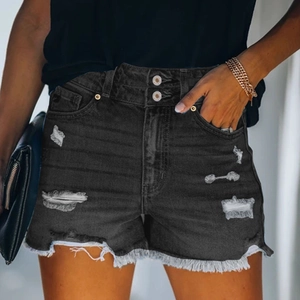 Short en jean noir pour femme à taille haute avec double boutonnage et finitions effilées