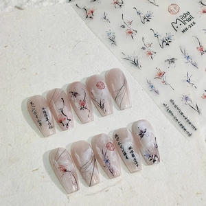 Chinese Style Ink Wash Flower Butterfly 3D Relief Nail Art Stickers Self Adhesive PET Matte Calligraphy Manicure Decor