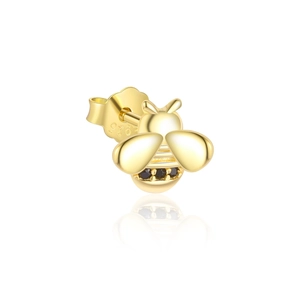 Detail of s925 silver bee earring with black stones and gold plating