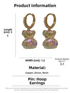 Detail view of cute bear earring dimensions showing 3cm length and colorful resin texture