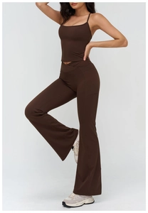 Chocolate brown yoga set with cross-waist flare pants and slim camisole with side pockets