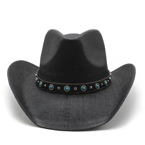 Classic black straw fedora cowboy hat with turquoise bead and silver stud band