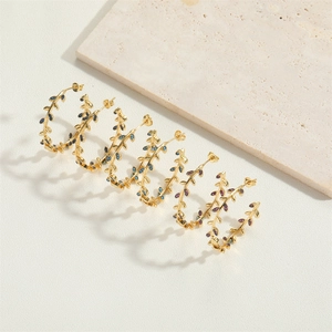 Chic 14K gold plated hoop earrings with colorful vine leaves design and small gemstones