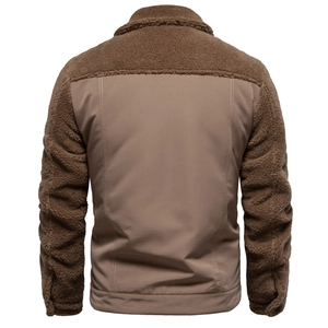 Giacca da uomo in sherpa e tessuto a contrasto con design patchwork marrone scuro