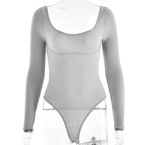 Detail of grey ribbed knit long-sleeved bodysuit with U-neckline on a mannequin