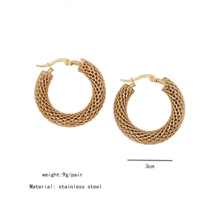 Detailed view of 3cm golden mesh earrings in stainless steel with 9g weight specs