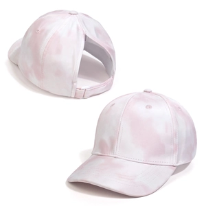 Detailed view of pink tie-dye ponytail baseball cap with high opening and adjustable strap