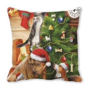 Christmas tree pillowcase featuring festive cartoon cats and dogs on peach skin fabric
