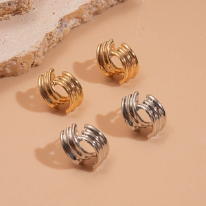 Minimalist Geometric C-Shaped Multi-Layer Textured Metallic Hoop Earrings With 925 Sterling Silver Earring Post For Women