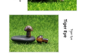 Macro shot of 2cm tiger eye mini mushrooms with natural stone texture on a green background