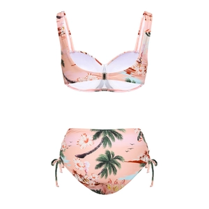 Pink tropical palm tree print bikini set with underwire top and high waist bottom