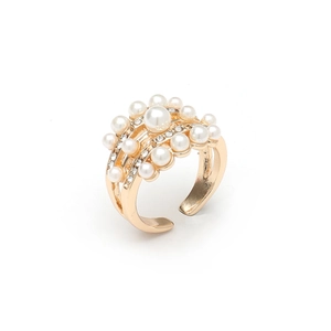 Elegant gold open ring featuring vintage style pearls and radiant pave crystals