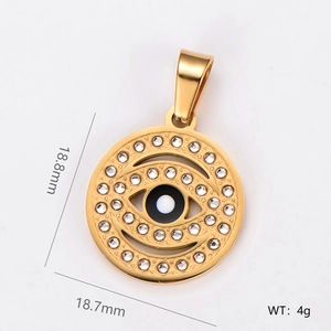 Vue détaillée du pendentif œil maléfique en or 18 carats avec cristaux et dimensions