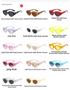 Grid display of 14 colorful irregular cat eye sunglasses with various thick frames