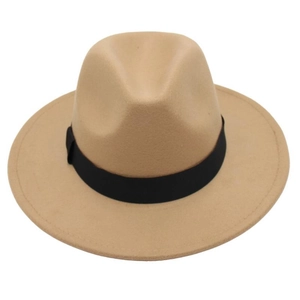 Detailed view of camel wool fedora hat with black grosgrain ribbon and classic crown