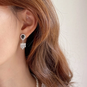 925 sterling silver drop earrings with black zircon and diamond tassels on model