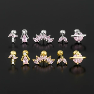 Pink zircon stainless steel ear studs set featuring geometric and planet designs